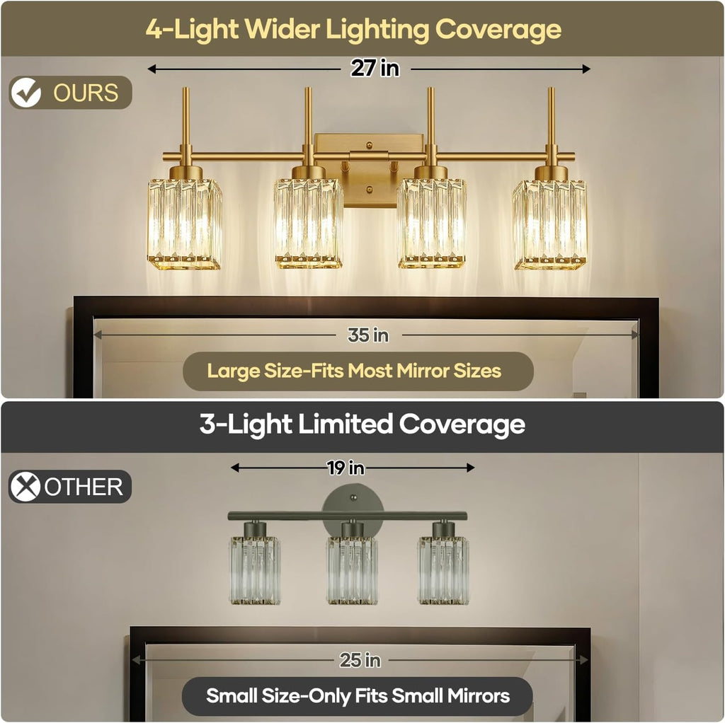 Torondo Modern Crystal Bathroom Vanity Light 4-Lights Brushed Gold Bathroom Light Fixtures Over Mirror Brushed Gold Vanity Lighting Fixtures Square Shade Brass Wall Sconce (Bulbs Not Include)