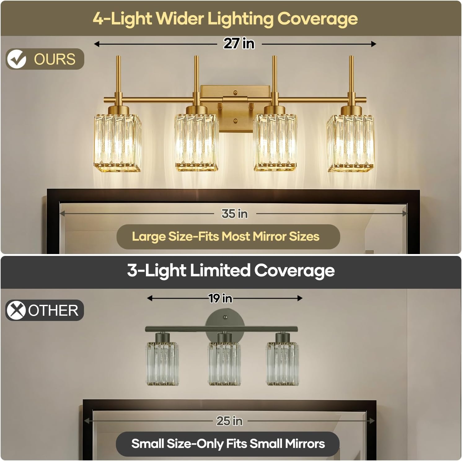 Torondo Modern Crystal Bathroom Vanity Light 4-Lights Brushed Gold Bathroom Light Fixtures Over Mirror Brushed Gold Vanity Lighting Fixtures Square Shade Brass Wall Sconce (Bulbs Not Include)