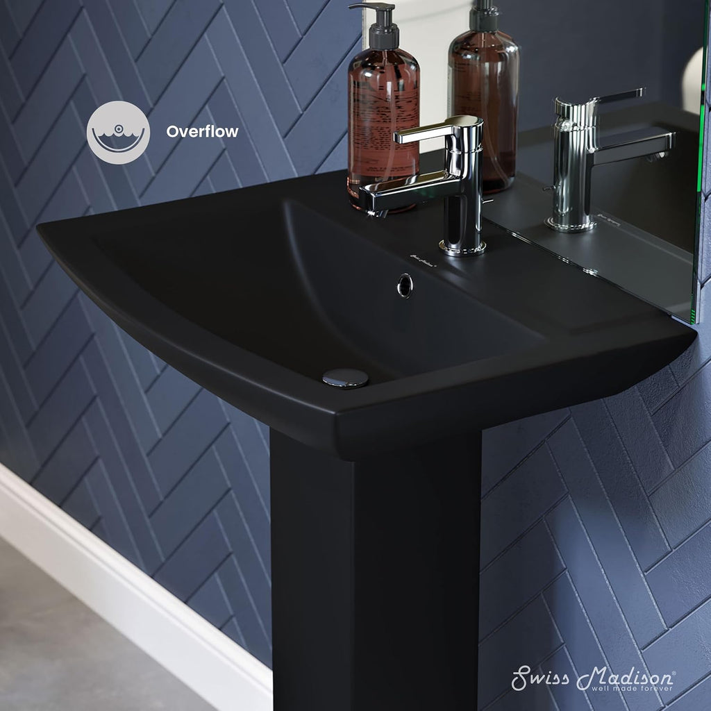 Sublime Square Two-Piece Ceramic Pedestal Bathroom Sink in Matte Black with Overflow, Single Faucet Hole, Standard 1.75 in Drain
