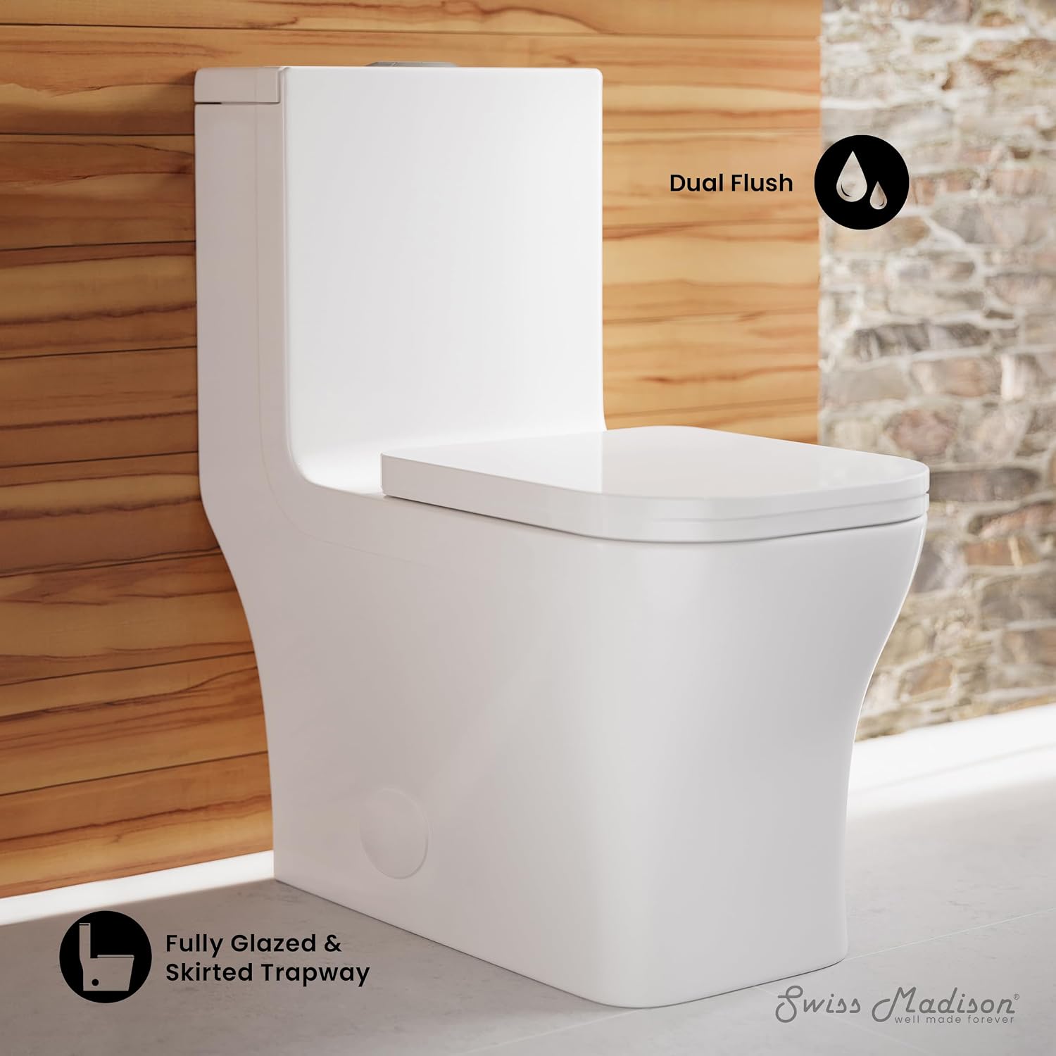 Swiss Madison SM-1T278, Concorde One Piece Square Toilet Dual Flush 1.1/1.6 gpf with 10' Rough In