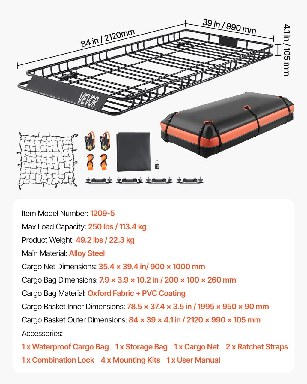 VEVOR Roof Rack Basket, 84 x 39 x 4.1 in, Universal Rooftop Cargo Carrier with 7.9 x 3.9 x 10.2 in Cargo Bag, Net, Ratchet Straps, 250 lbs Max Load Capacity Car Top Luggage Holder, for SUV Truck Car