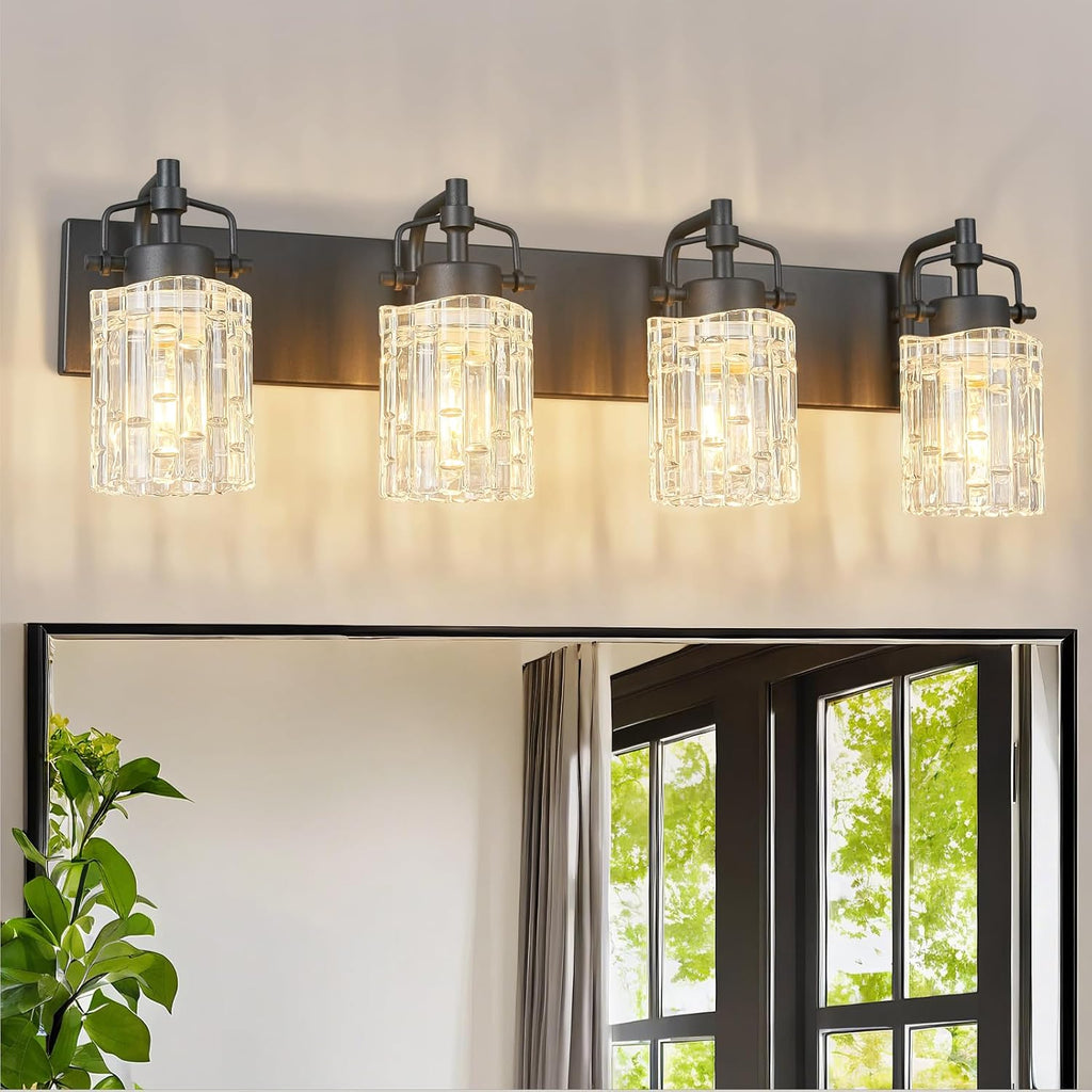 4 Light Crystal Glass Vanity Light, Black Bathroom Lighting Fixtures Over Mirror Modern Bath Wall Sconce Lighting for Bedroom Living Room