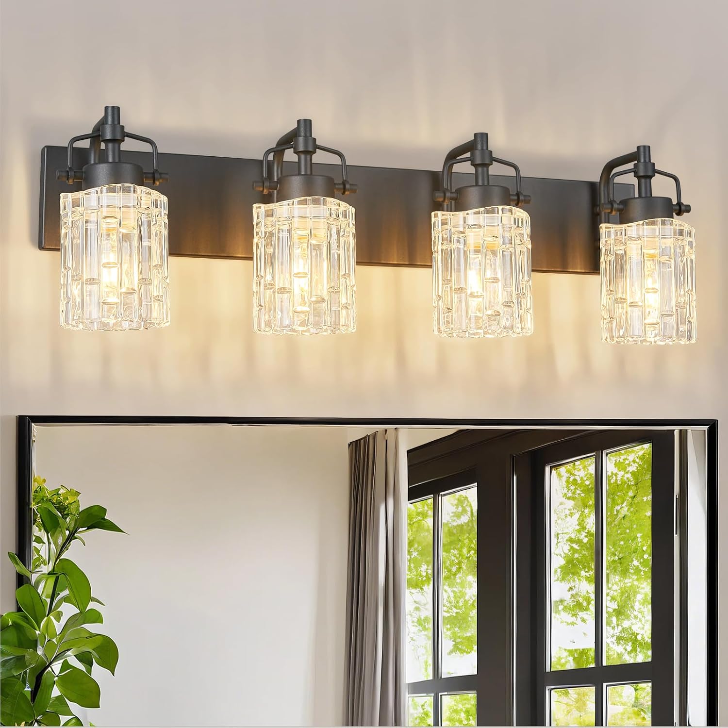 4 Light Crystal Glass Vanity Light, Black Bathroom Lighting Fixtures Over Mirror Modern Bath Wall Sconce Lighting for Bedroom Living Room