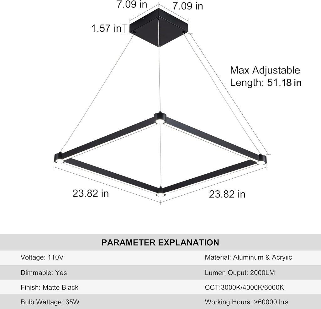 WELAKl Black Modern Square Chandelier, Square Ceiling Light Fixture, Contemporary Chandelier Pendant Light for Kitchen lsland, Dining Room, Bedroom
