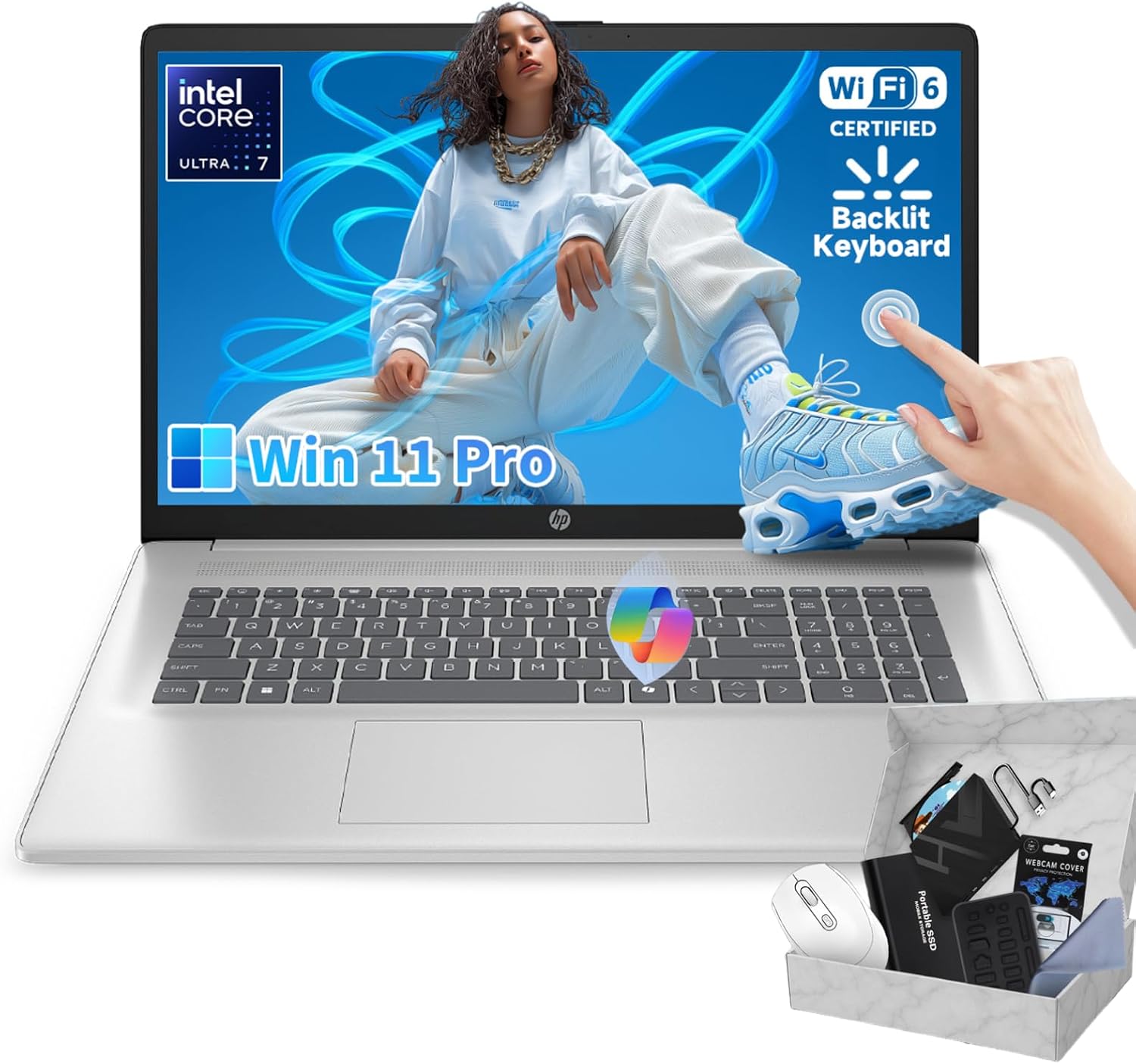 HP 17inch Touchscreen Business Laptop - Intel 12-Core Ultra 7 255U(up to 5.2 GHz), 64GB DDR5, 2TB SSD, Copilot AI, 12 NPU Tops, 17.3' Anti-Glare HD+, Backlit KB, Windows 11 Pro, w/Accessory