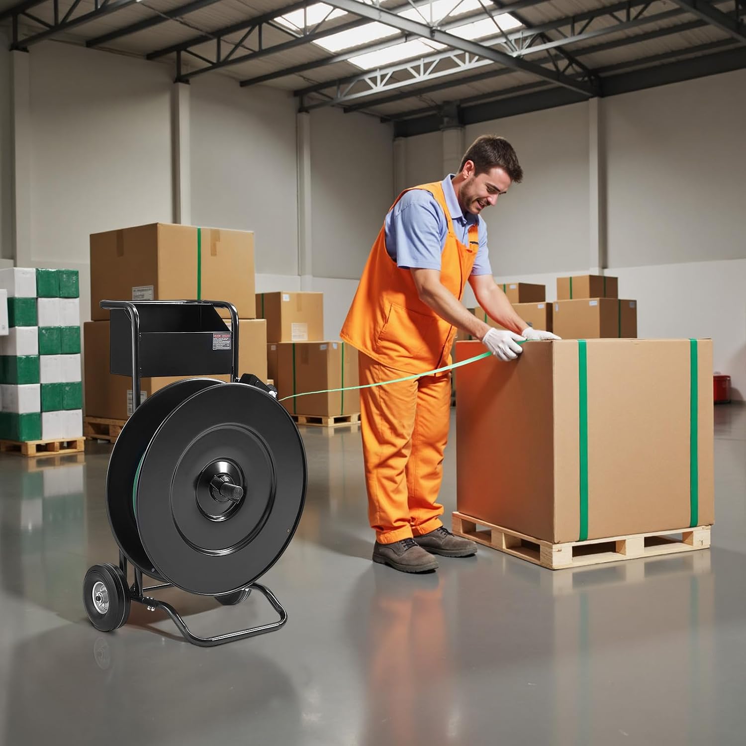 VEVOR Banding Strapping Cart, for PET/PP Coils with 8' or 16' Core, Heavy Duty Strapping Dispenser with Upgrade Drum Brake System, Rubber Wheels and Built-in Spacious Tool Tray, 110 lbs Capacity