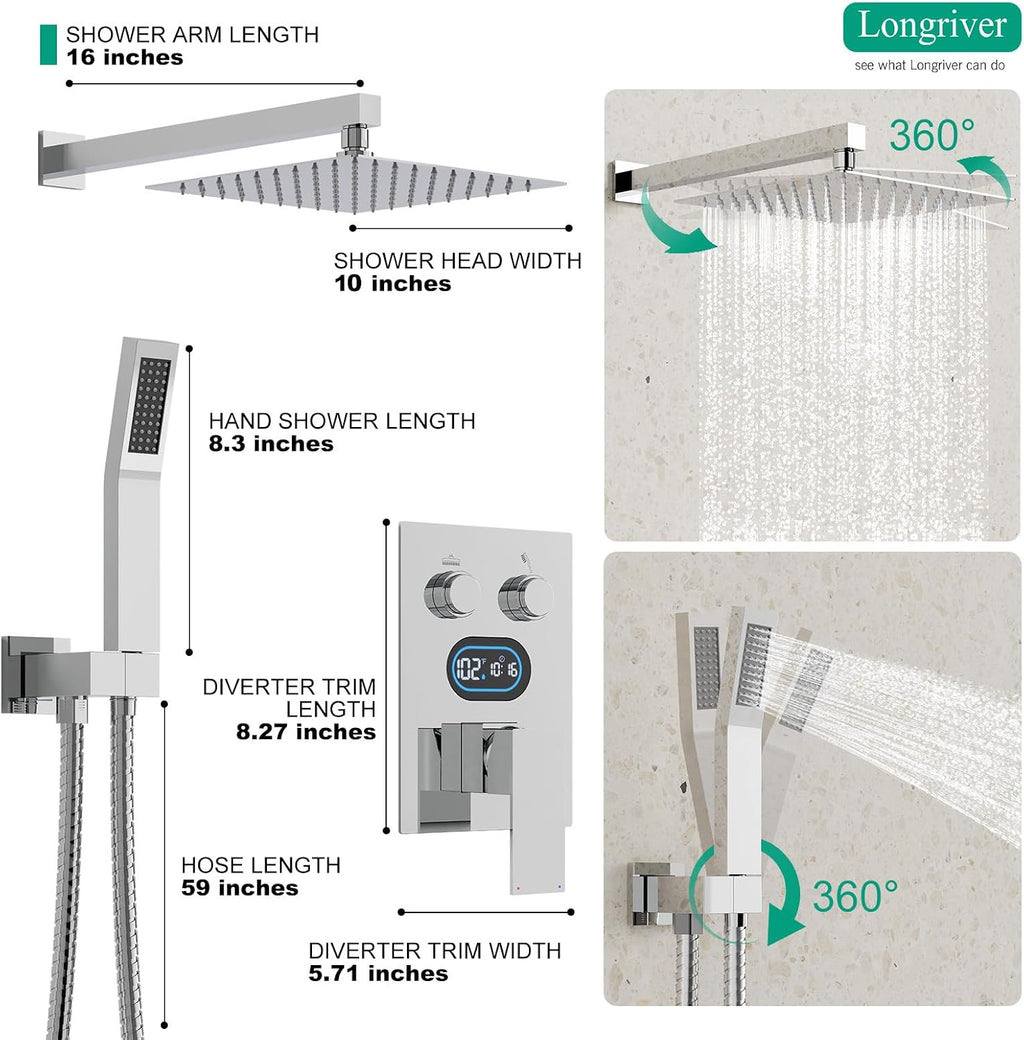 Push Button Diverter Shower Faucet Set Hydro Power Temperature Display, Shower System 10 Inch Shower Head with Handheld Spray, Wall Mounted Shower Fixtures with Valve and Trim Kit, Polished Chrome