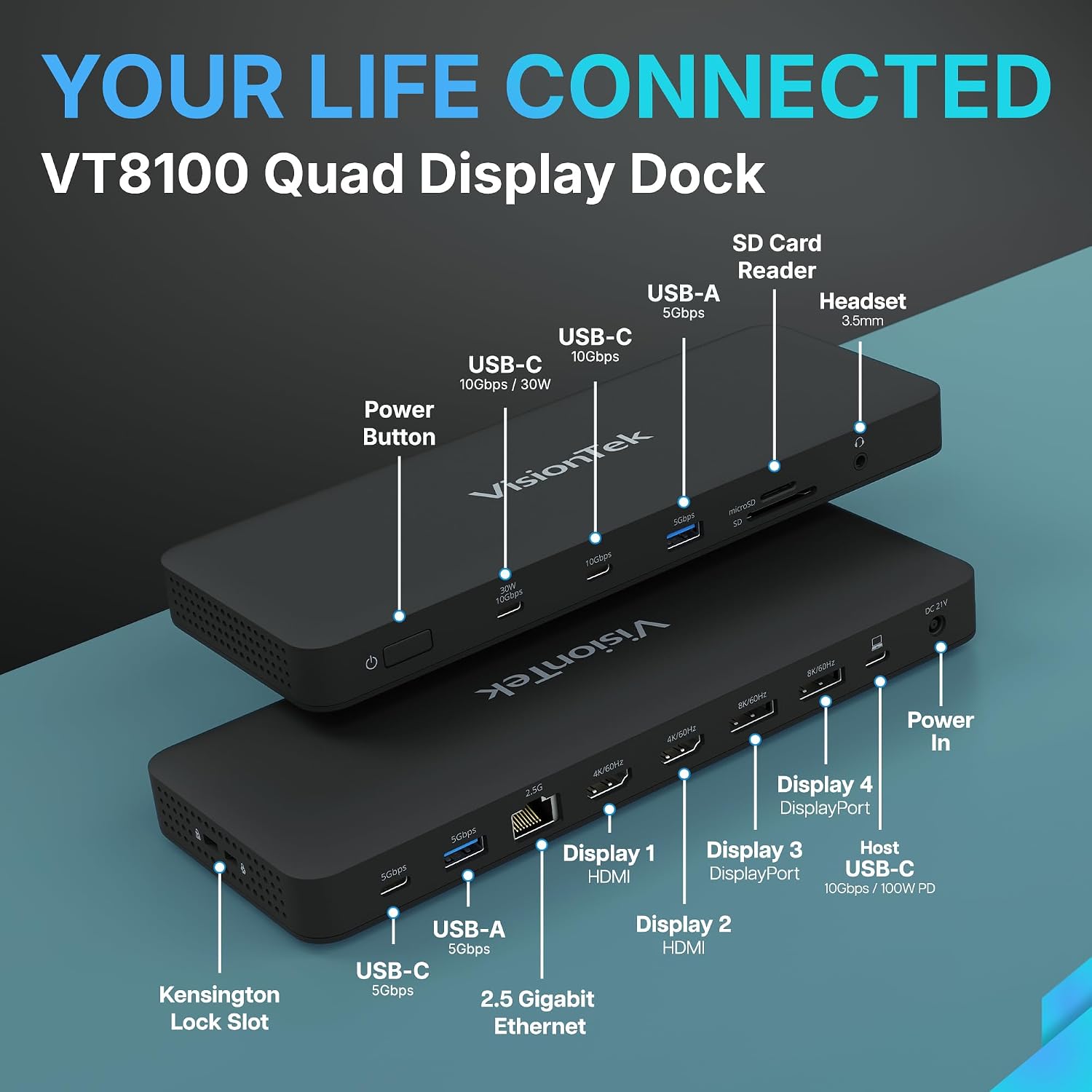 VisionTek VT8100DL USB-C Docking Station Quad 4K – Enterprise Premium Laptop Dock, 2X HDMI, 2X DisplayPort, 100W Charging, Thunderbolt Compatible
