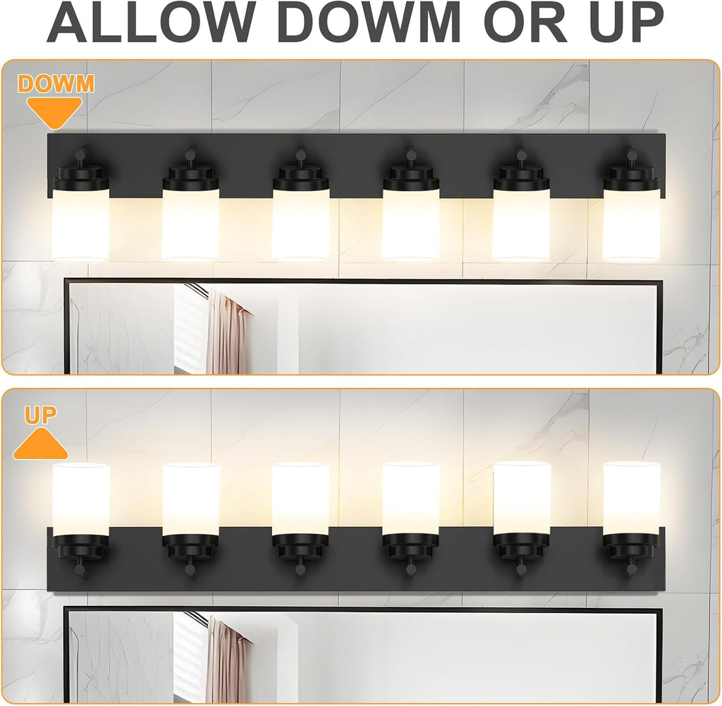 IZORRO Bathroom Vanity Light Fixture, 6-Light 46 Inch Matte Black Bathroom Light Fixtures Over Mirror, with White Glass Shade, Modern Farmhouse Vanity Lights, Rustic Restroom Lighting Fixtures