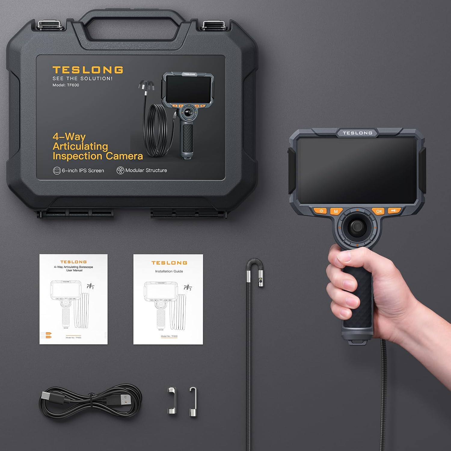 Teslong 4-Way Articulating Borescope with Dual Lens Endoscope, 1080P HD Steerable Mechanic Inspection Camera with with LED Light, See in Wall Automotive Engine Scope(0.24inch-5FT)