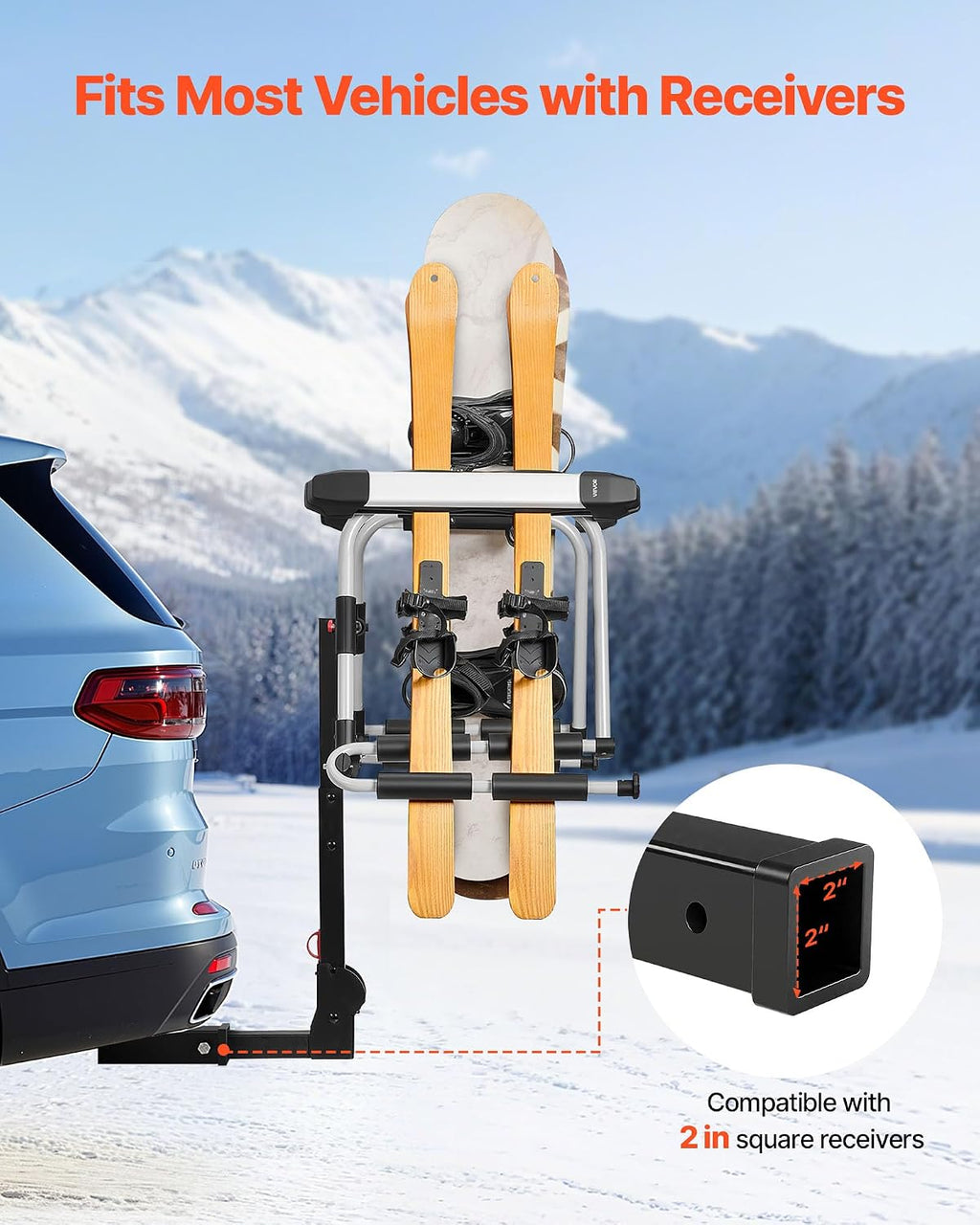 VEVOR Hitch Mounted Ski & Snowboard Rack, Fits 2-Inch Receiver, Carries up to 6 Pairs of Skis or 4 Snowboards, Hitch-Mounted Rack for Car with Key Lock, Security Strap, Tilt Access, Rubber Padding