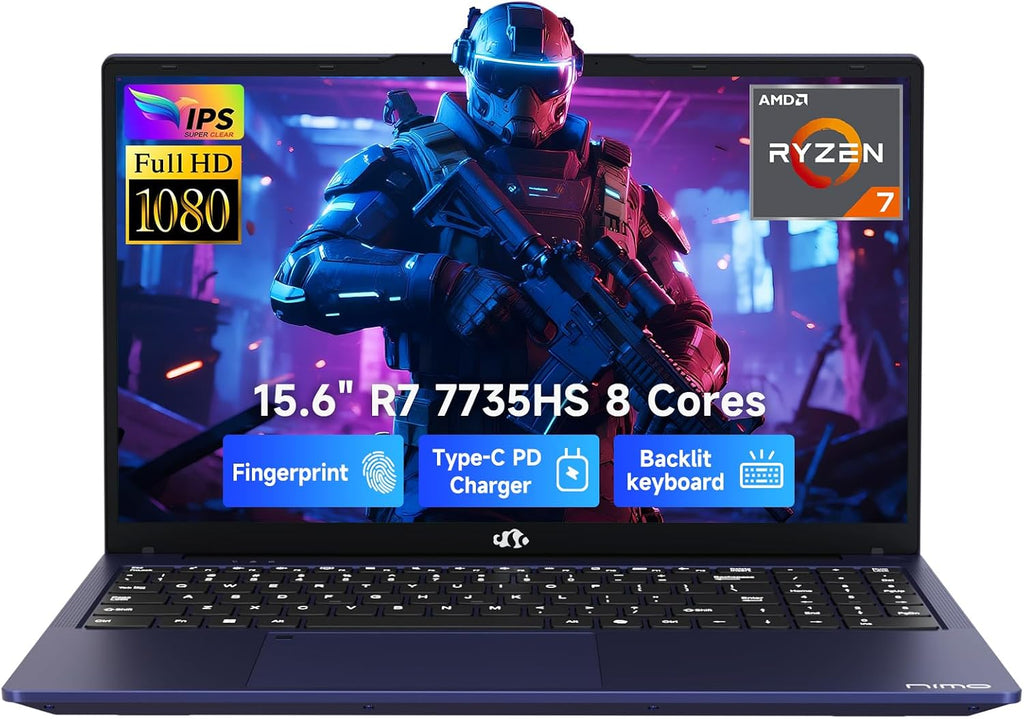 NIMO 2026 Laptop, 15.6' IPS FHD AMD Ryzen 7 7735HS (8C/16T, Beats i7-12650H) 8 Cores 32GB DDR5 RAM 1TB SSD, Radeon 680M Graphics, 100W Type-C, Backlit Keyboard, Fingerprint Unlock, 2-Year Warranty