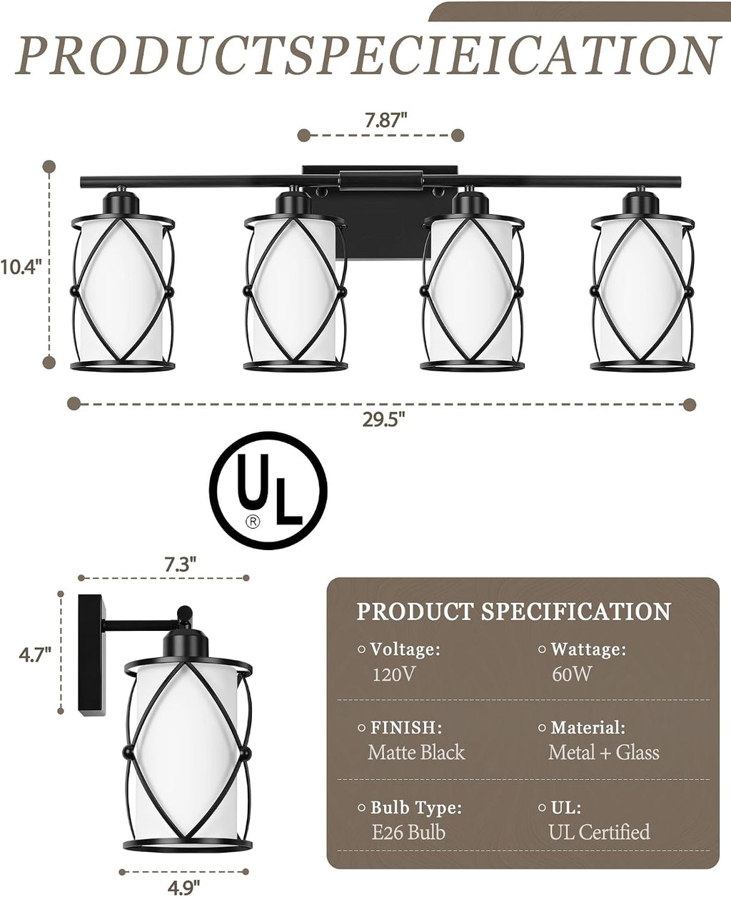 4-Light Black Bathroom Light Fixtures with Milk White Frosted Glass, 29' Modern Bathroom Vanity Lighting Fixtures Over Mirror with Metal Cage, Wall Sconce Lights for Bath, E26, CH9176BKW-4W