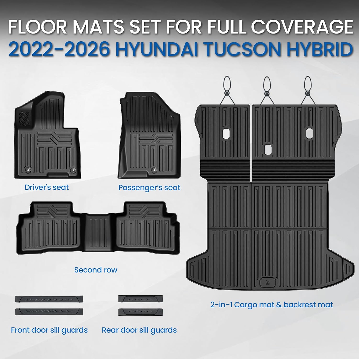 Floor Mats Set for Hyundai Tucson 2022-2025 2026 Hybrid Version (Not fit Gas and PHEV), All Weather TPE Cargo Liner Backrest Mat Trunk Mat Door Sill Guards Accessories