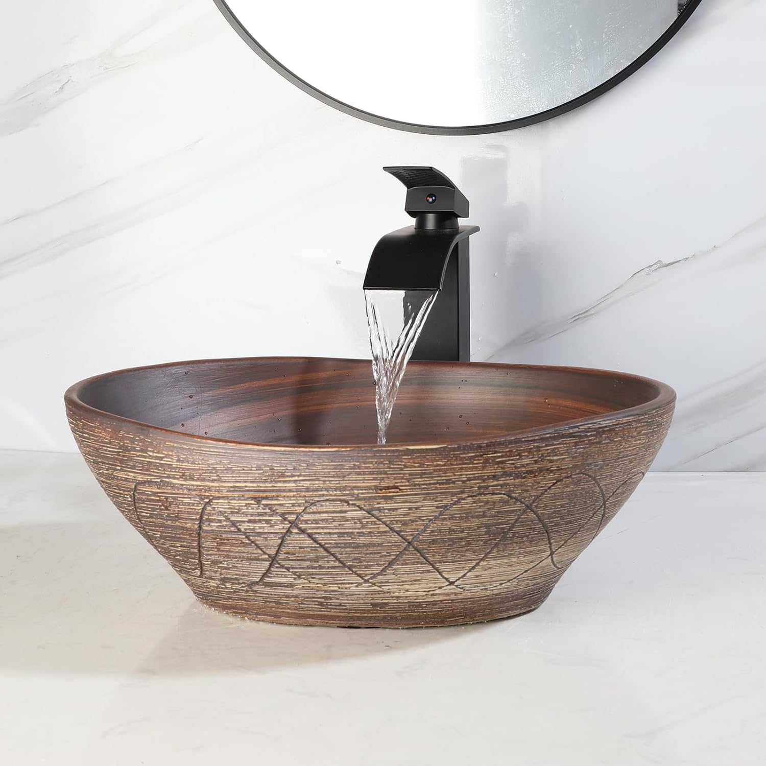 Ceramic Vessel Sink with Faucet and Drain Combo Brown Bathroom Sink Above Counter Oval Sinks Bowl