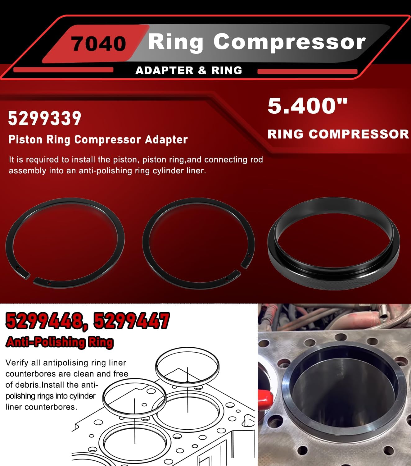 7040 Piston Ring Compressor Tool, Piston Ring Compressor Adapter & Anti-Polishing Ring Kit For Cummins ISX QSX 15, Caterpillar 3400, 3406, 3408, C15, 5.4' bore Replace# PT-7040 5299339 5394454