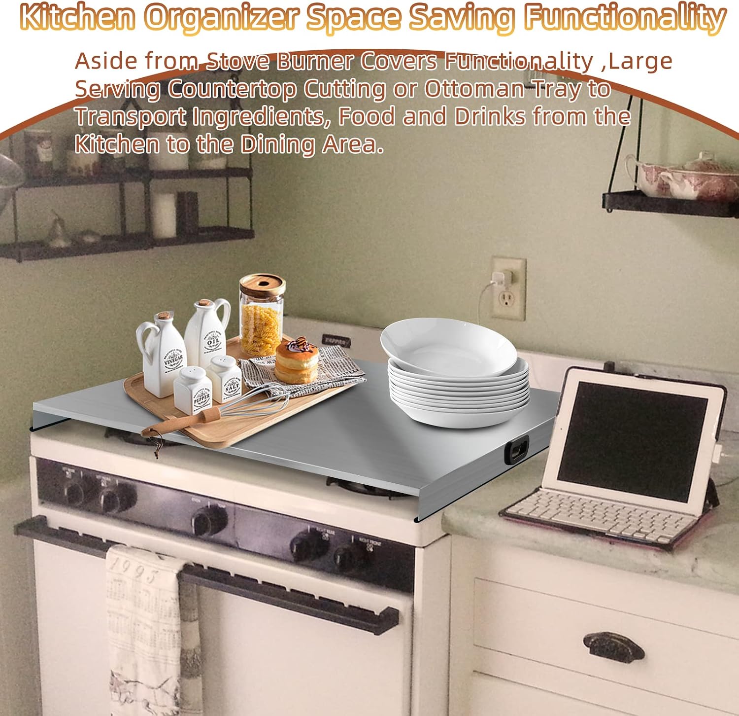 Stainless Steel Gas Stove Top Cover, Noodle Board Cooktop Cover, Kitchen Organizer for Gas and Electric Stove Range Expanding Kitchen Space, Large Size 30'x 22'x3', Sliver