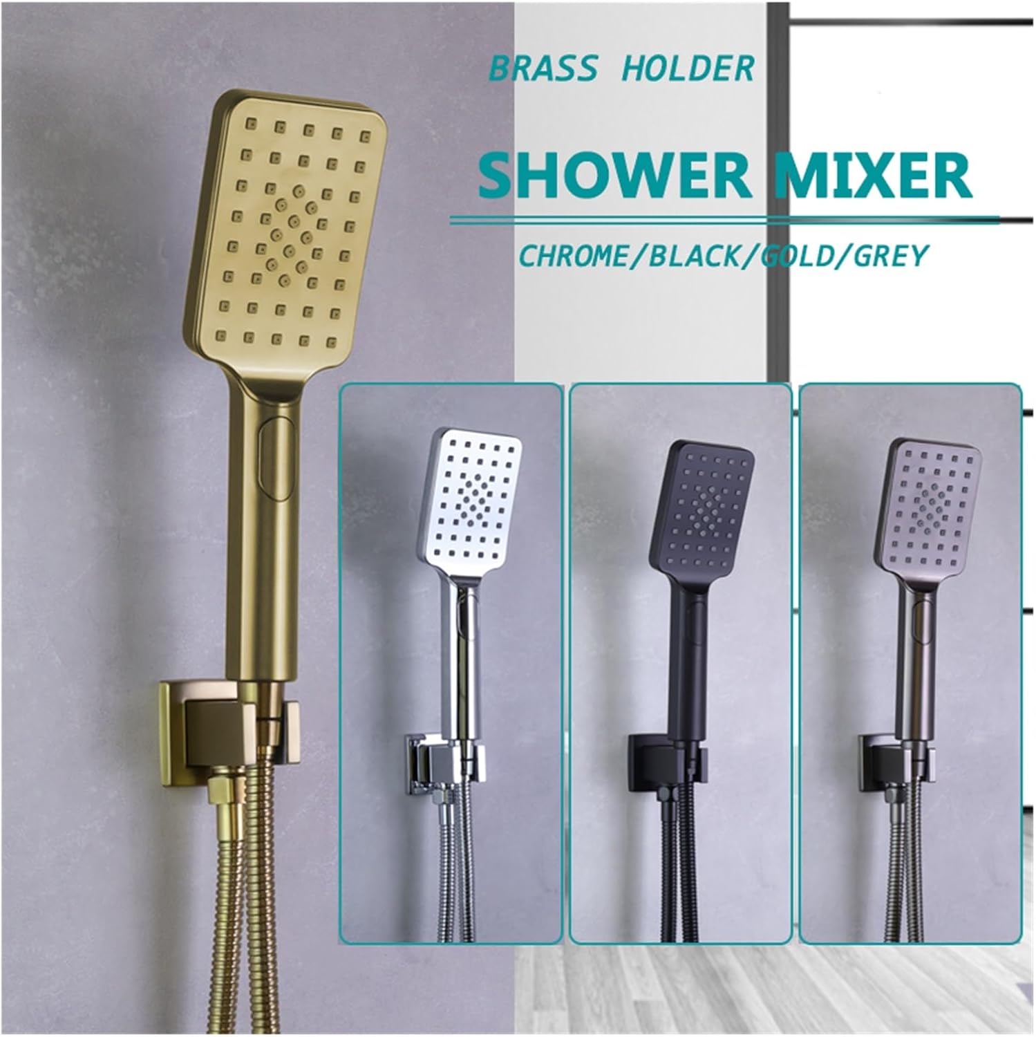 ABS Hand Shower Set Bathroom Fixtures Brass Material Square Holder Chrome/Black/Gold/Grey 1.5m Hose 3 Functions Shower Spare(GM Set)