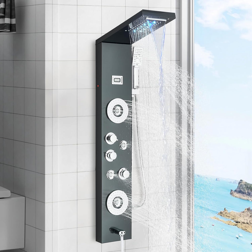 FUZ Shower Panel Tower System, Stainless Steel 6 Functions Shower Panel System with LED Fancy Rain Shower Head and Handheld, Adujstable Rain Massage Body Jets and Tub Spout, Matte Black Shower Tower