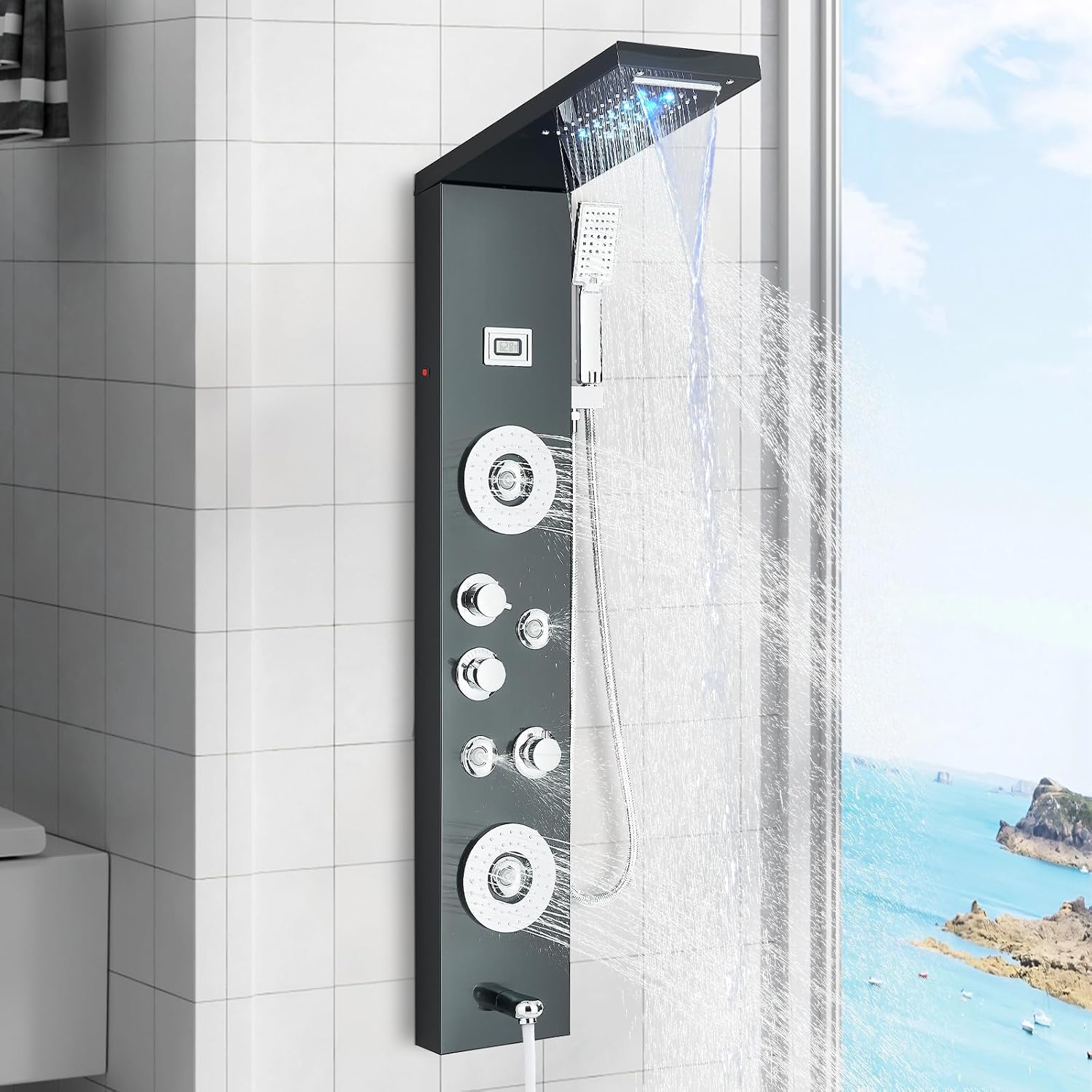 FUZ Shower Panel Tower System, Stainless Steel 6 Functions Shower Panel System with LED Fancy Rain Shower Head and Handheld, Adujstable Rain Massage Body Jets and Tub Spout, Matte Black Shower Tower