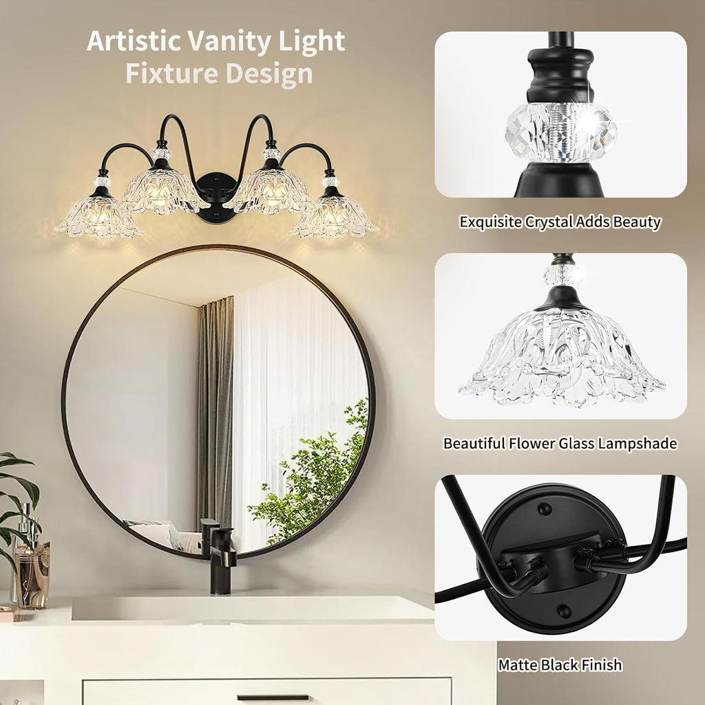 4-Light Matte Black Bathroom Vanity Light, Farmhouse Vanity Light with Floral Clear Glass Shades, Vintage Wall Mount Lighting for Bathroom