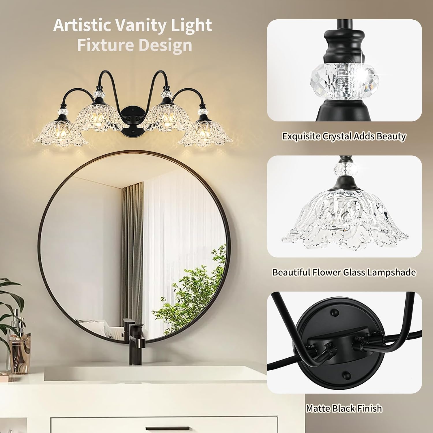 4-Light Matte Black Bathroom Vanity Light, Farmhouse Vanity Light with Floral Clear Glass Shades, Vintage Wall Mount Lighting for Bathroom