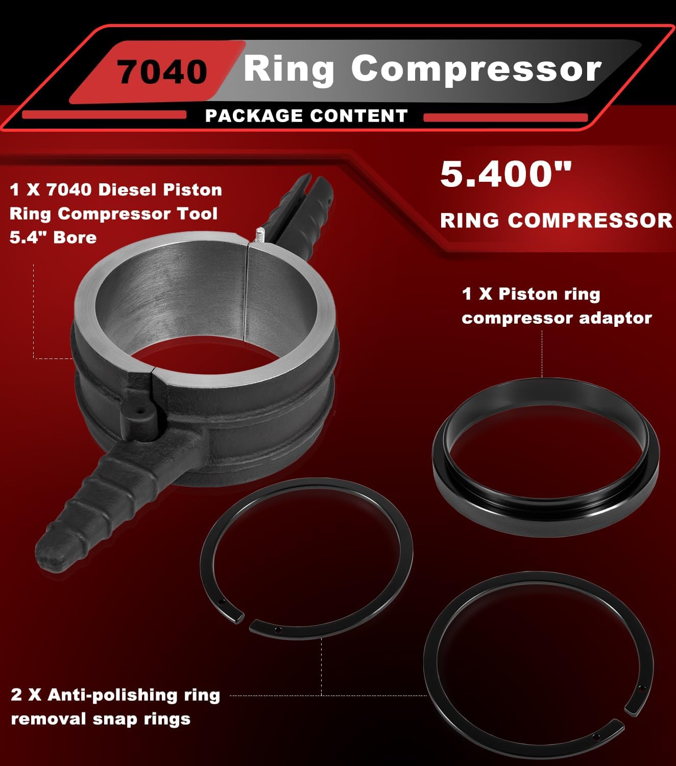 7040 Piston Ring Compressor Tool, Piston Ring Compressor Adapter & Anti-Polishing Ring Kit For Cummins ISX QSX 15, Caterpillar 3400, 3406, 3408, C15, 5.4' bore Replace# PT-7040 5299339 5394454