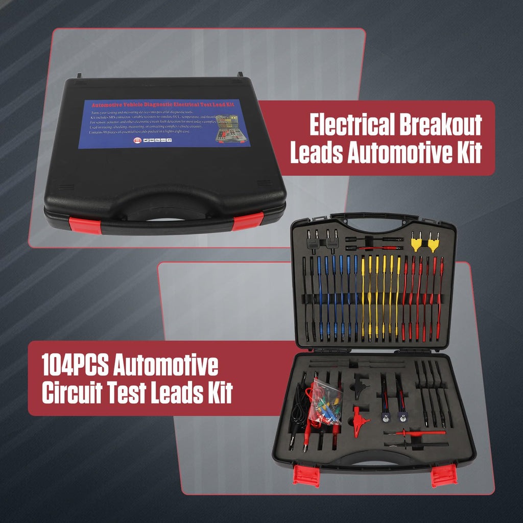 104PCS Automotive Circuit Test Leads Kit Electrical Breakout Leads Automotive Kit Multi Function Auto Diagnostic Tools Multimeter Test Leads Kit with Black Carrying Case