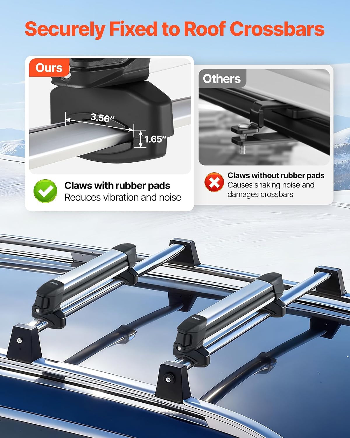VEVOR Ski & Snowboard Roof Rack, Carry up to 4 Pairs of Skis or 2 Snowboards, 2 PCS Aluminum Universal Car Roof Rack Top Holder with Lock & Rubber Padding, Carrier for Fishing Rod, Fit Most Crossbars
