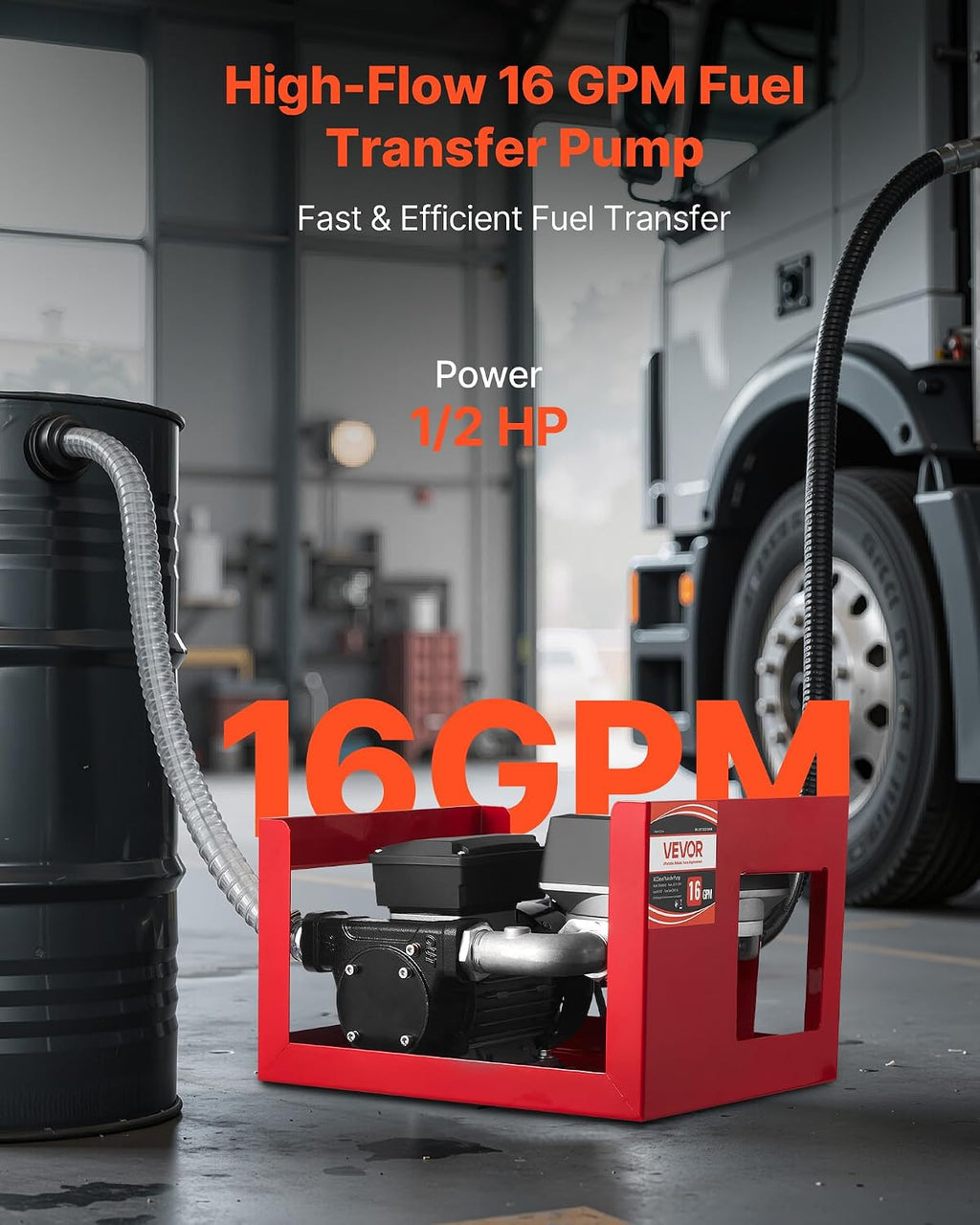 VEVOR Fuel Transfer Pump 110V, 16 GPM 60 L/min, AC Electric Oil Transfer Pump for Diesel Kerosene Biodiesel, with Meter, Auto Fuel Nozzle & 2 Hoses, 45 ft/13.7 m Lift, for Vehicles, Construction Sites