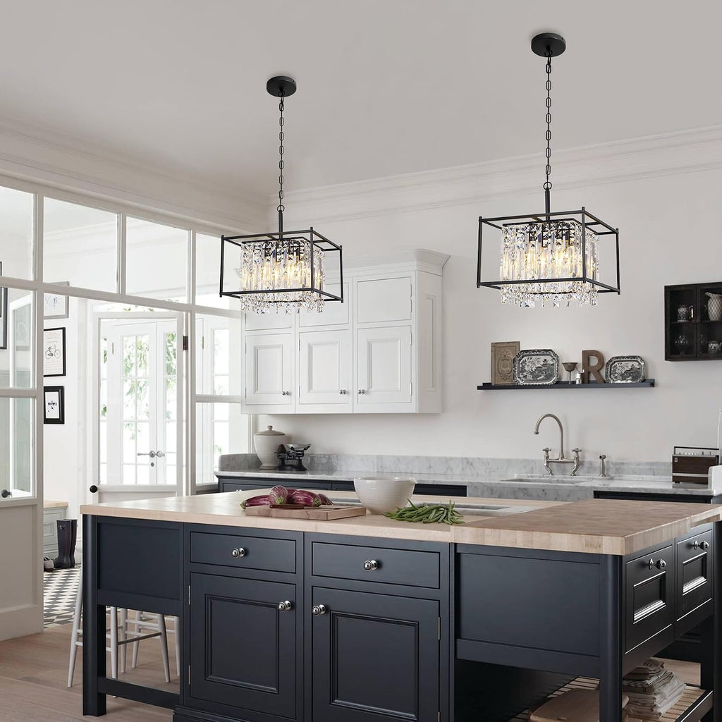 Miuyhji Black Chandeliers for Dining Room, Black Square Industrial Chandelier Crystal Pendant Light for Kitchen Island Dining Room Living Room Flat and Inclined Ceiling,L16 x W16 x H17.5