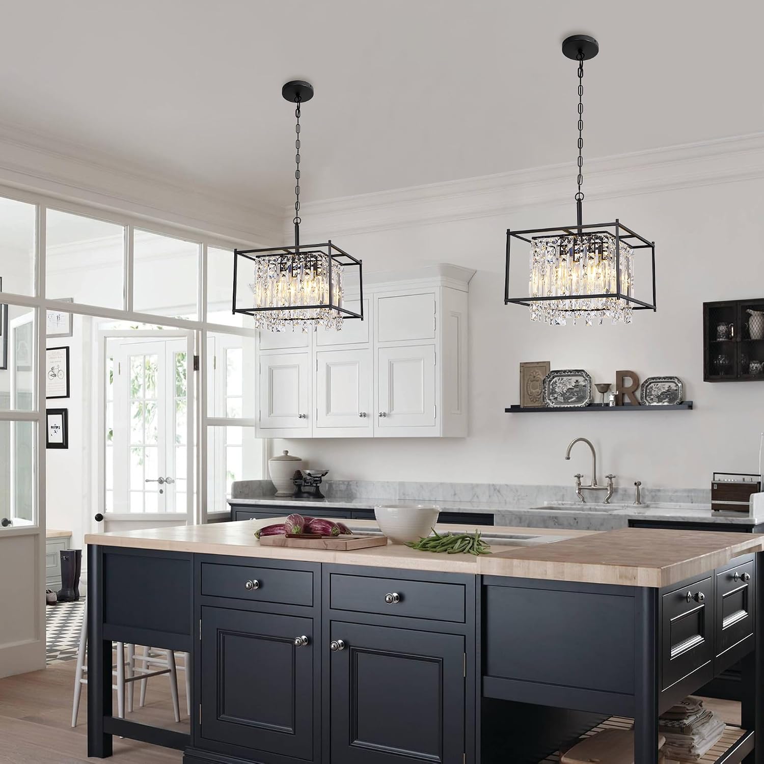 Miuyhji Black Chandeliers for Dining Room, Black Square Industrial Chandelier Crystal Pendant Light for Kitchen Island Dining Room Living Room Flat and Inclined Ceiling,L16 x W16 x H17.5