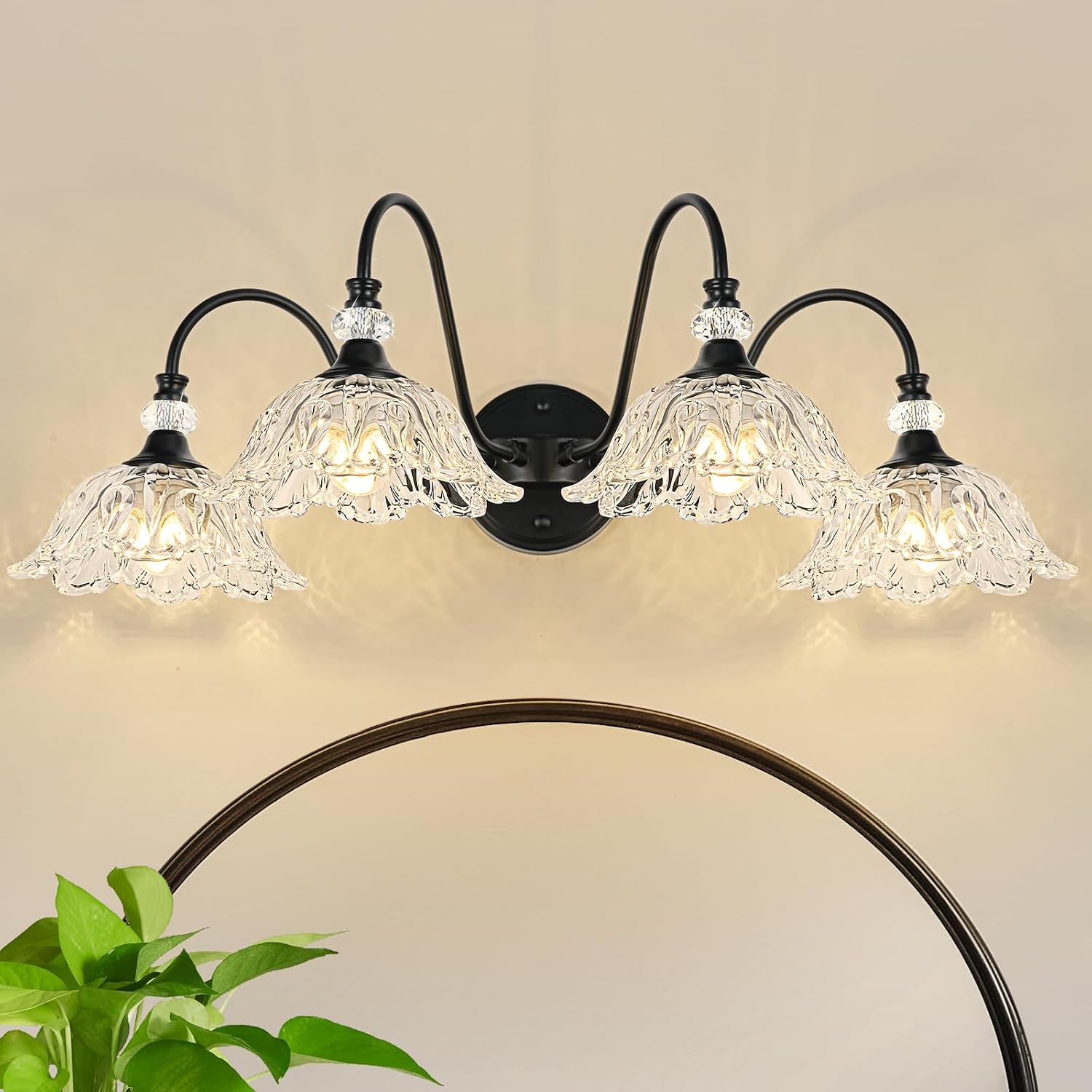 4-Light Matte Black Bathroom Vanity Light, Farmhouse Vanity Light with Floral Clear Glass Shades, Vintage Wall Mount Lighting for Bathroom