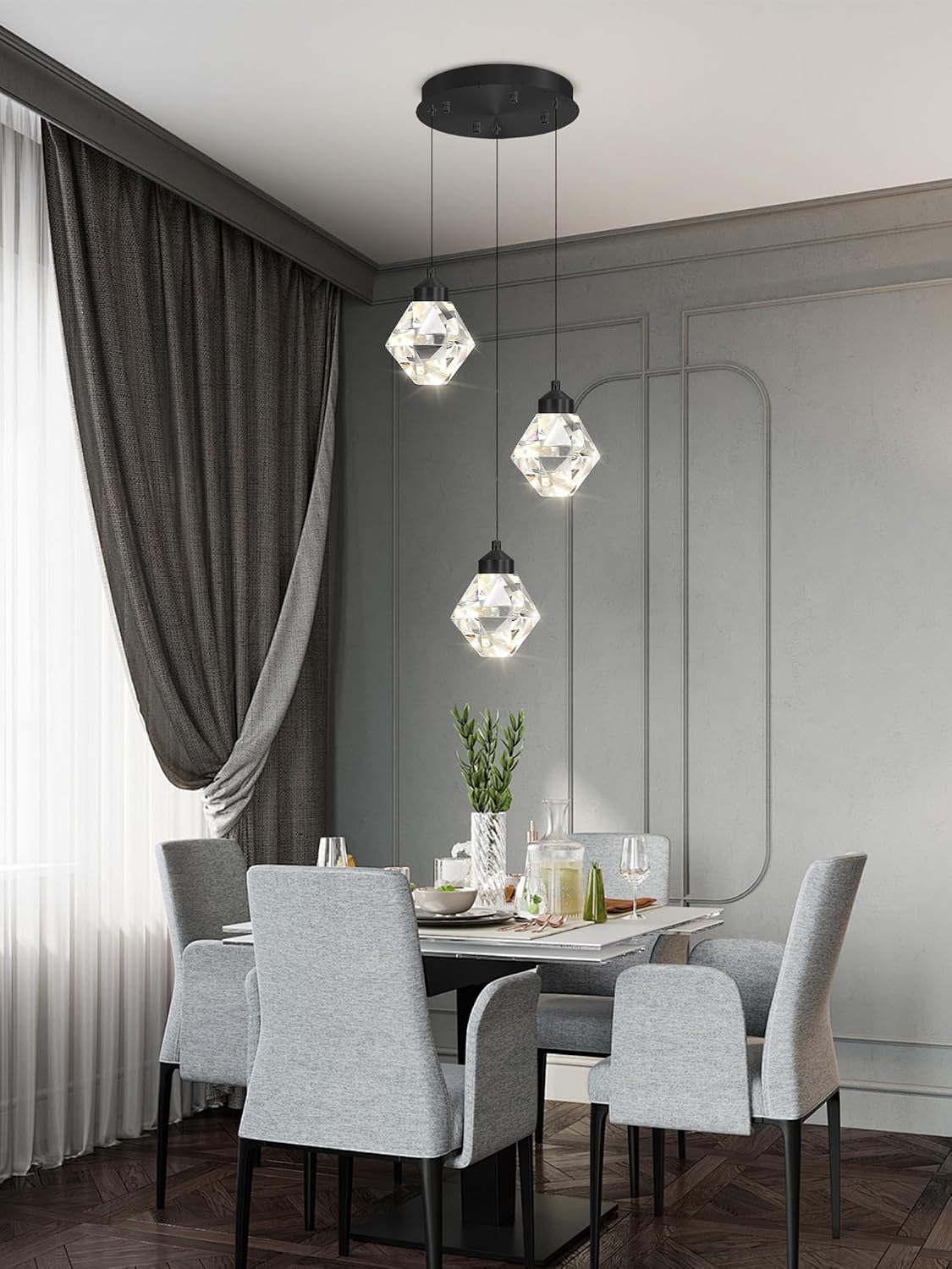 3-Lights Kitchen Island Pendant Lights Black Mini Chandeliers for Dining Room Crystal Pendant Lighting Ceiling Lights for Hallway Foyer Living Room