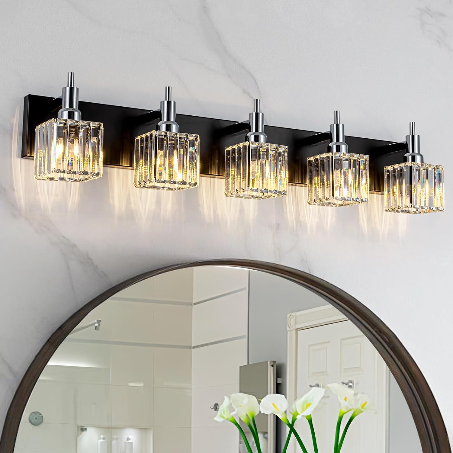 Black Chrome Bathroom Vanity Lights, 5 Lights Modern Crystal Bathroom Lighting Fixtures Over Mirror Crystal Wall Light with Square Shade