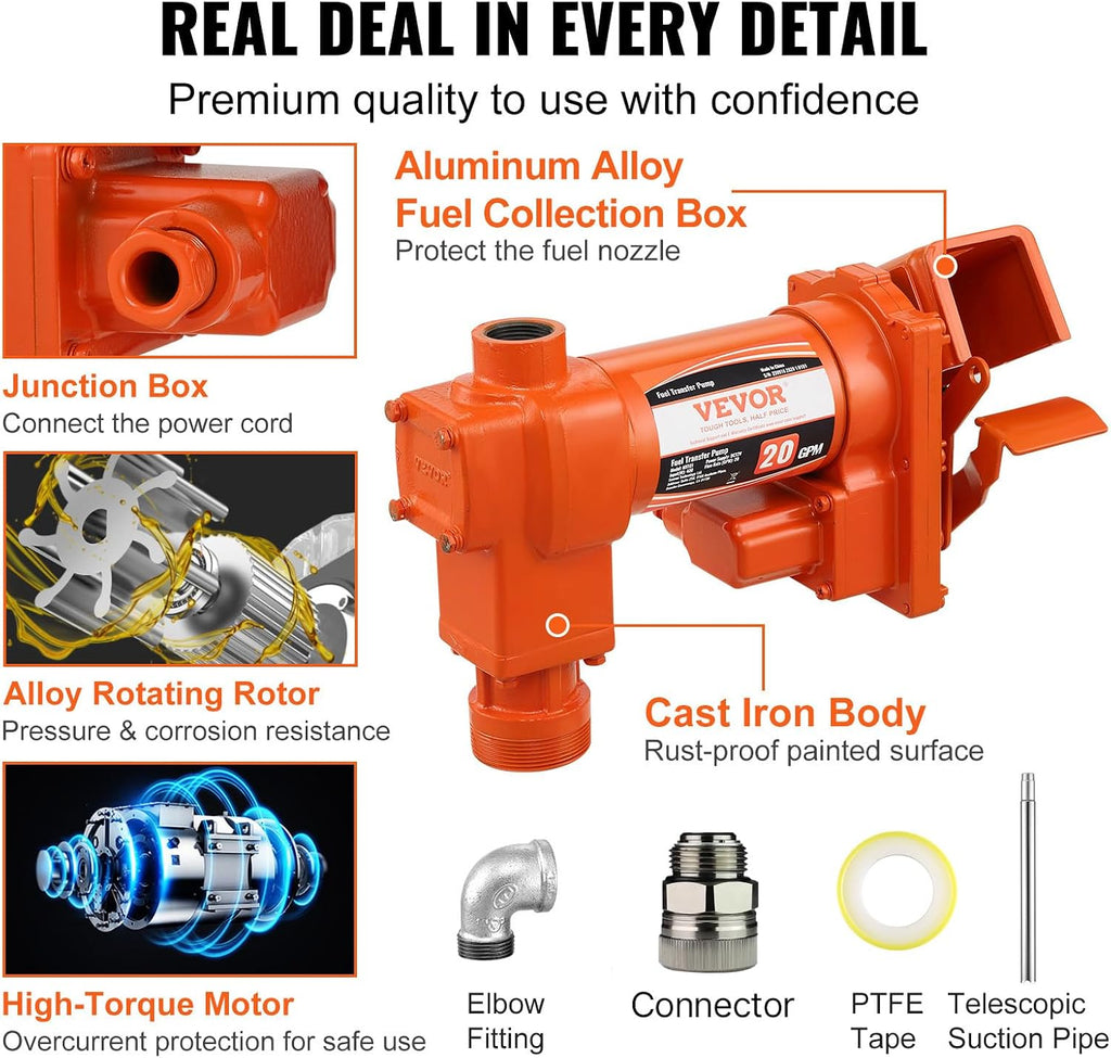 VEVOR Fuel Transfer Pump, 12V DC 20 GPM 1/4 HP, Gasoline Extractor Pump with Automatic Nozzle, Discharge Hose & Suction Pipe for Gasoline, Diesel, Kerosene, Ethanol & Methanol Blends, and Biodiesel