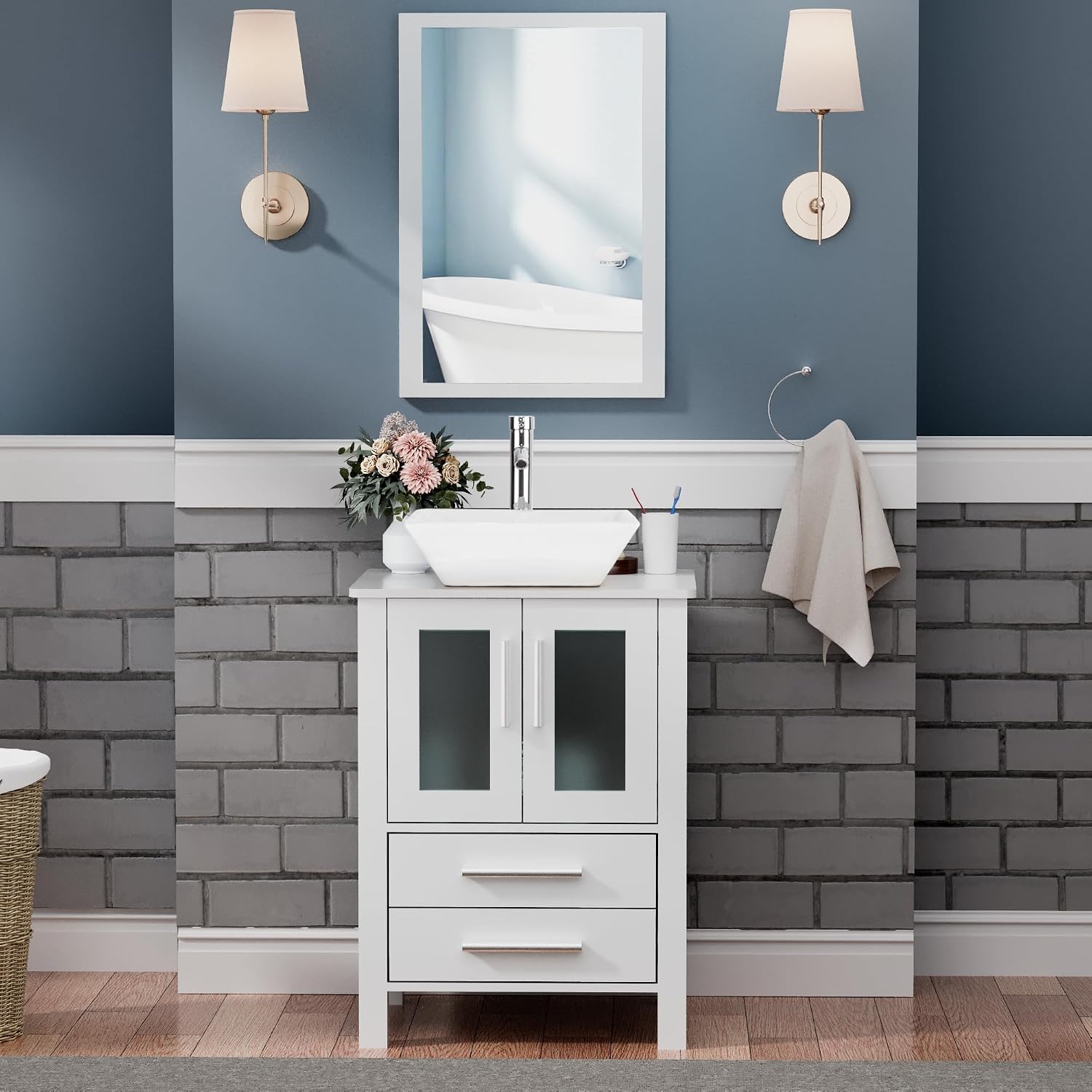 UEV 24' White Bathroom Vanity with Ceramic Vessel Sink, Modern Bathroom Vanity Cabinet, Pop Up Drain and 30% Water-Saving Design, Faucet, Soft Closing Drawers/Doors, Mirror Not Included(A07)
