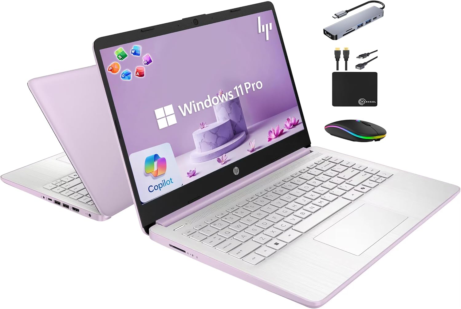 HP 14' Laptop 2025 Business Student Slim Computer, Lifetime MS Office, Copilot AI, Quad-Core Intel CPU, 16GB RAM, 628GB Storage (128GB UFS+500GB Ext), MarxsolAccessory, Wi-Fi 6, Win 11 Pro, Lavender