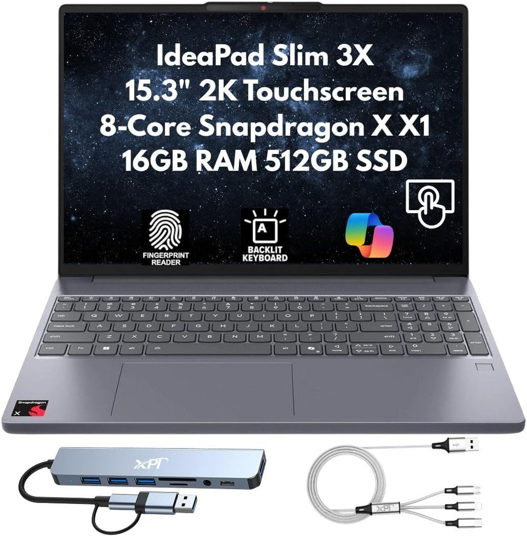 Lenovo IdeaPad Slim 3X Home Student Business Laptop 2026, 15.3' 2K (1920x1200) Touchscreen, 8-Core Snapdragon X X1, 16GB LPDDR5x RAM, 512GB (2X 256GB) SSD, FPReader, Wi-Fi 7, Webcam, Copilot Win 11