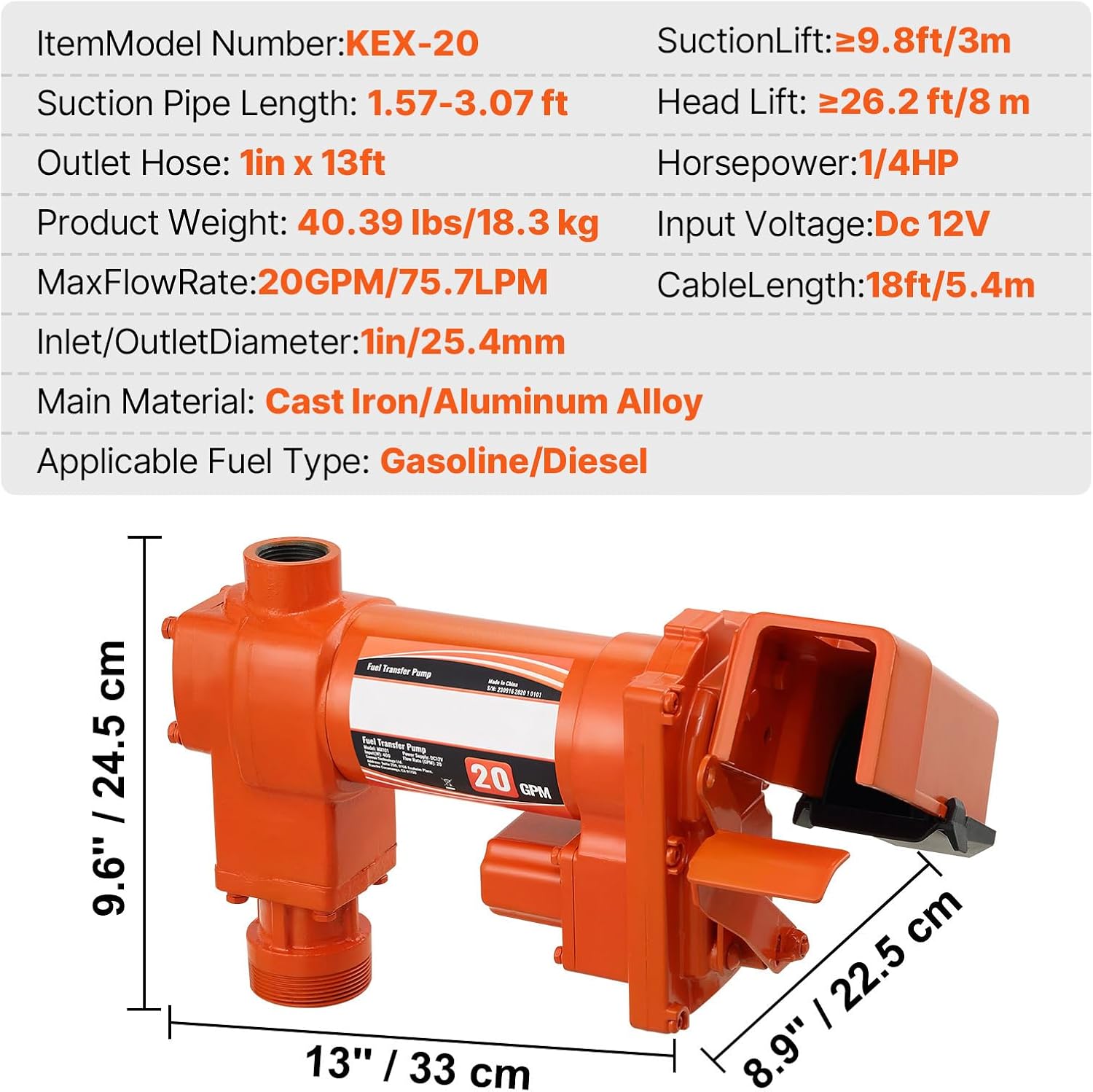 VEVOR Fuel Transfer Pump, 12V DC 20 GPM 1/4 HP, Gasoline Extractor Pump with Automatic Nozzle, Discharge Hose & Suction Pipe for Gasoline, Diesel, Kerosene, Ethanol & Methanol Blends, and Biodiesel