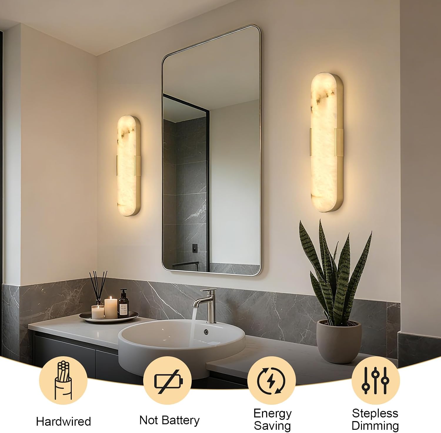 Gold Alabaster Wall Sconces Set of Two 20' Natural Marble LED Wall Lights, Mid Century Marble Wall Lamp Bathroom Vanity Indoor Alabaster Wall Lighting Fixtures for Bedroom Hallway Stairs