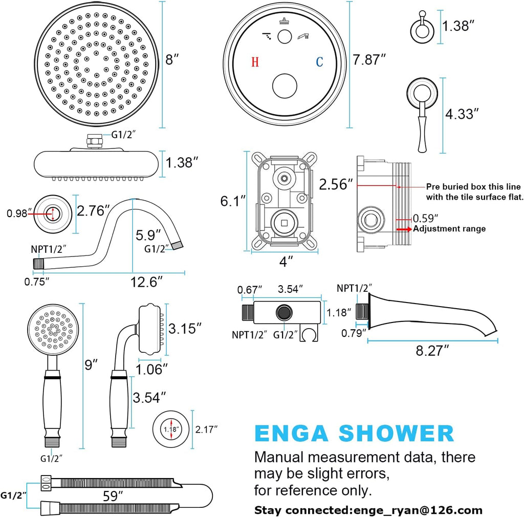 Enga Bright Gold Brass Shower Tub Faucet System Antique 8inch Rainfall Shower with Spout and Hand Spray