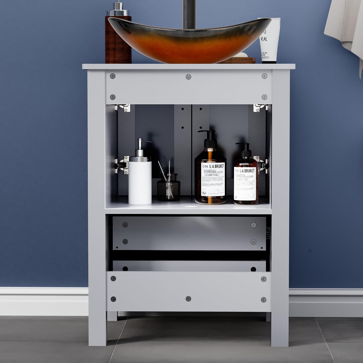 UEV 24' Grey Bathroom Vanity with Vessel Sink,Modern Bathroom Vanity Cabinet, Faucet Sink Bowl,Pop Up Drain Included,Modern Brown Boat Tempered Glass Vessel Sink,Mirror Not Included (029BR)