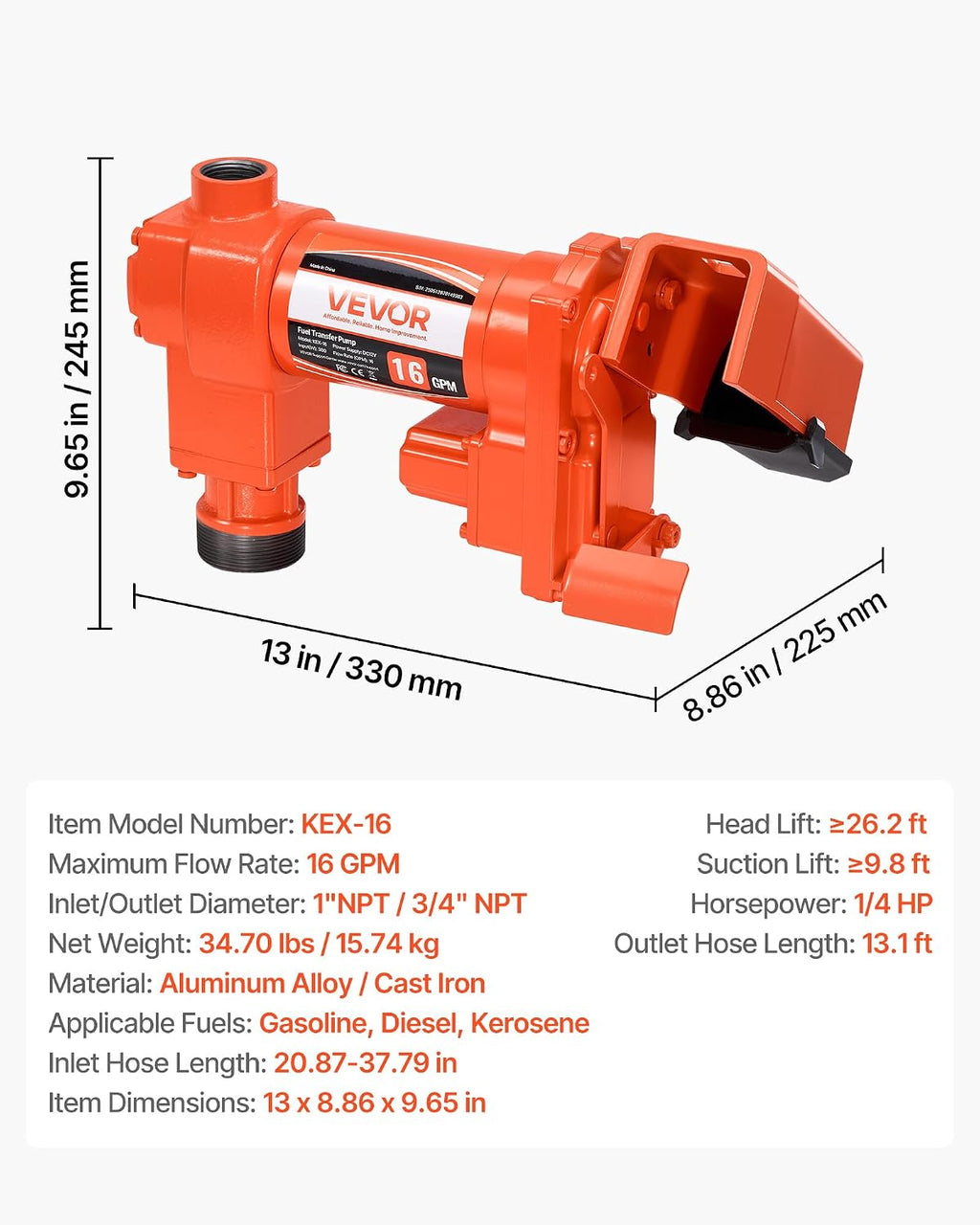 VEVOR Fuel Transfer Pump, 12V DC 16 GPM 1/4 HP Diesel Pump, Extractor Pumps with Manual Nozzle, Discharge Hose and Suction Pipe, for Gasoline, Diesel, Kerosene, Ethanol-Methanol Blends & Biodiesel
