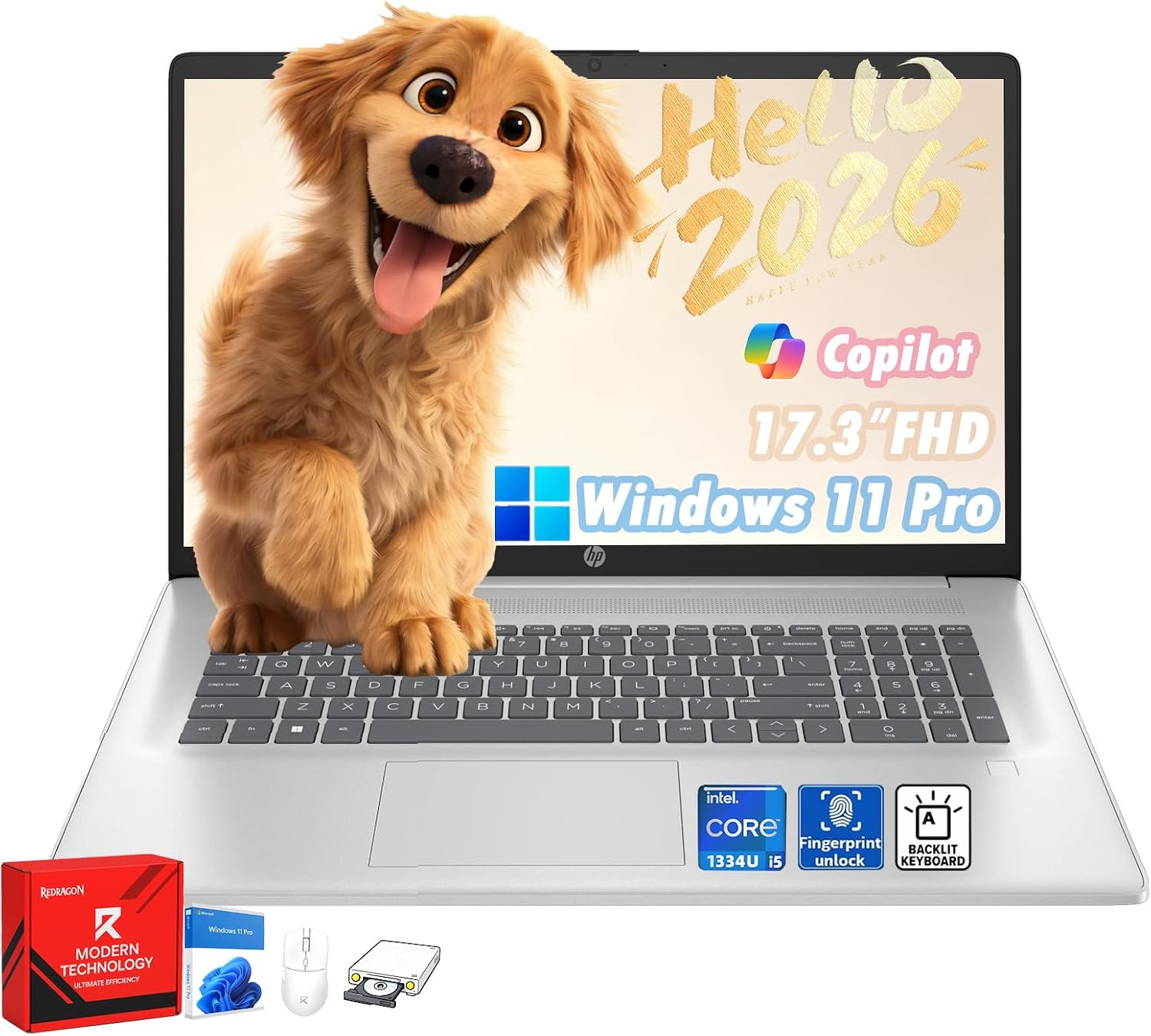 HP 17 Laptop Computer, 17.3' FHD(1920×1080), Intel 10-Core i5-1334U, Fingerprint, Backlit KB, Win 11 Pro Laptop for Business & Students, Fast Charge, Redragon Patent Kit, 16GB RAM, 1TB SSD