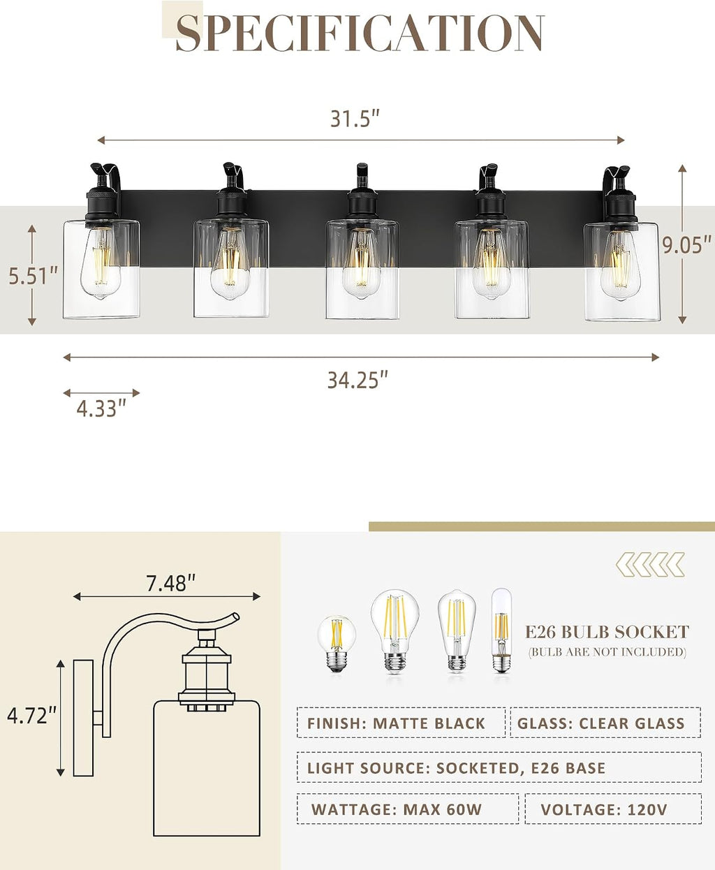 5 Light Bathroom Vanity Light, Black Light Fixture Morden Bathroom Lighting Fixtures Over Mirror Black Wall Sconces with Clear Glass Shade ZCVL01BK-5