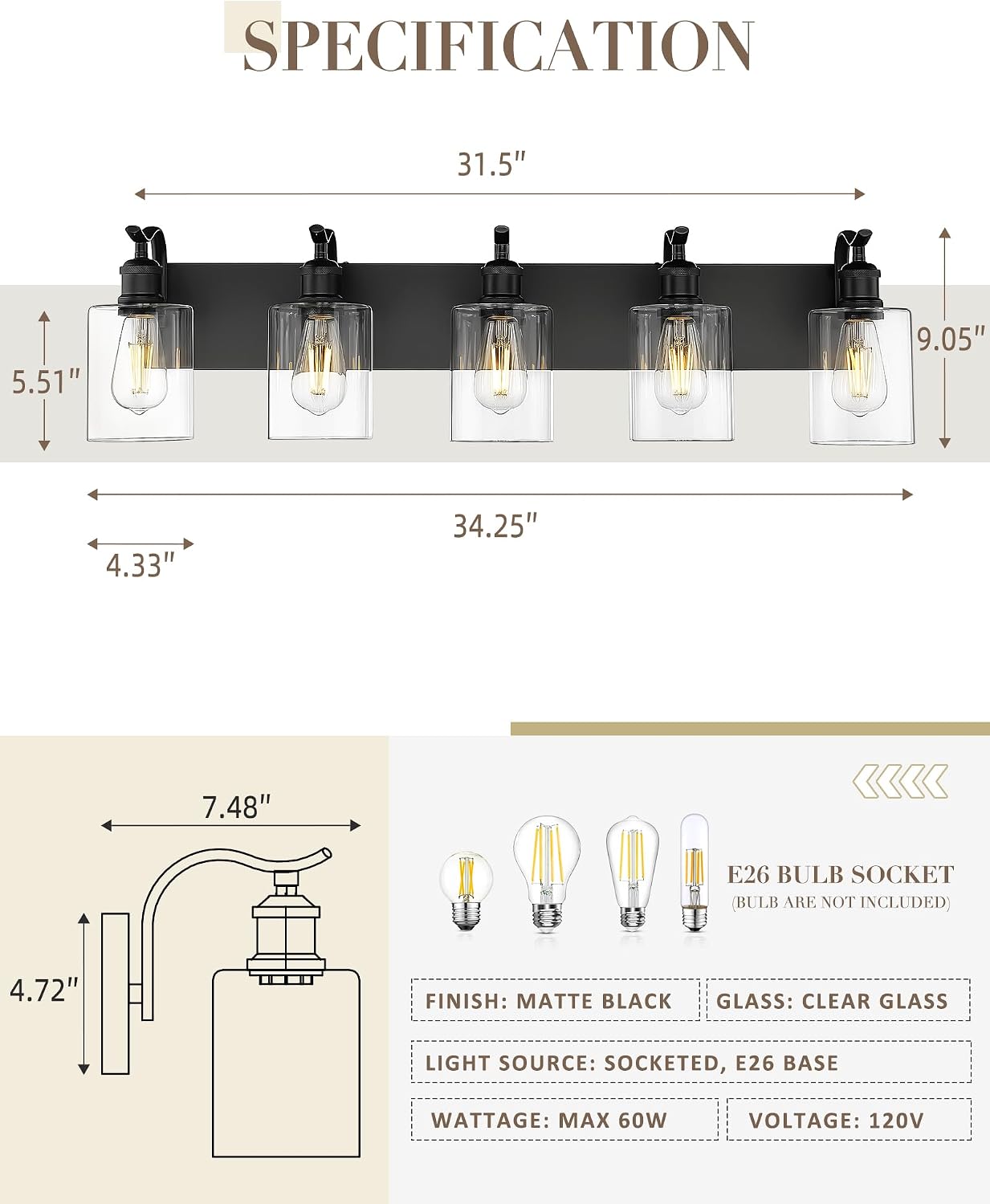 5 Light Bathroom Vanity Light, Black Light Fixture Morden Bathroom Lighting Fixtures Over Mirror Black Wall Sconces with Clear Glass Shade ZCVL01BK-5