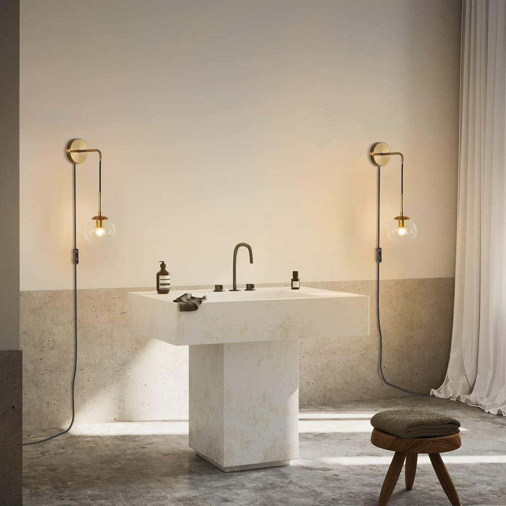 BOKT Mid Century Modern Globe Wall Sconce Lighting Set of Two Plug in Brushed Brass Gold Bathroom Wall Light Set of 2 Plug in Cord Clear Bubble Glass Ball Bedroom Wall Lamp(Clear)