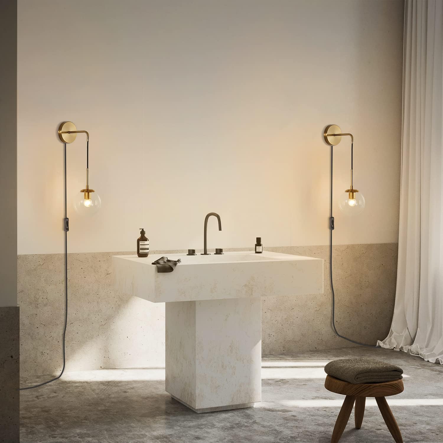 BOKT Mid Century Modern Globe Wall Sconce Lighting Set of Two Plug in Brushed Brass Gold Bathroom Wall Light Set of 2 Plug in Cord Clear Bubble Glass Ball Bedroom Wall Lamp(Clear)