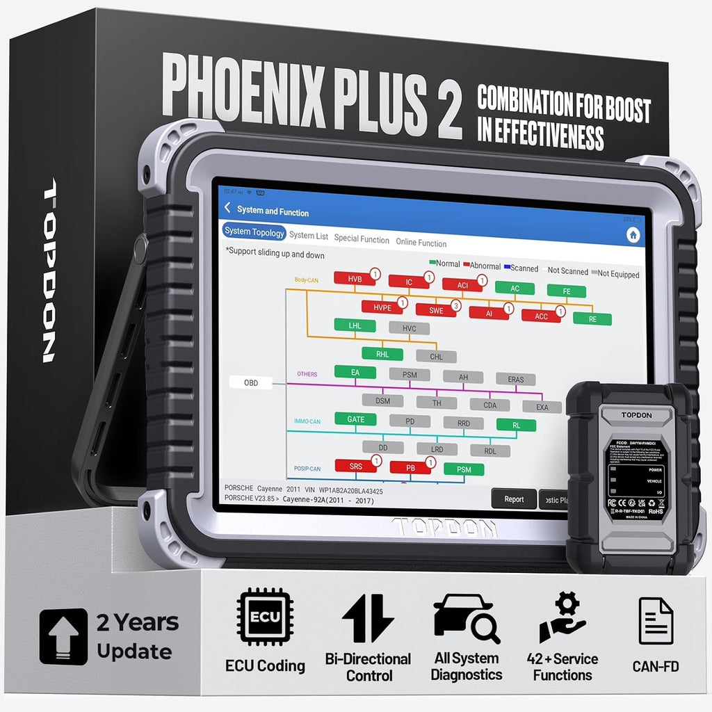TOPDON Phoenix Plus 2, OE-Level TOPDON Scanner, Advanced Online ECU Coding & Configuration Flashing, Bidirectional Scan Tool with Topology Map, CANFD, 42+ Services, FCA AutoAuth, 2 Years Free Update